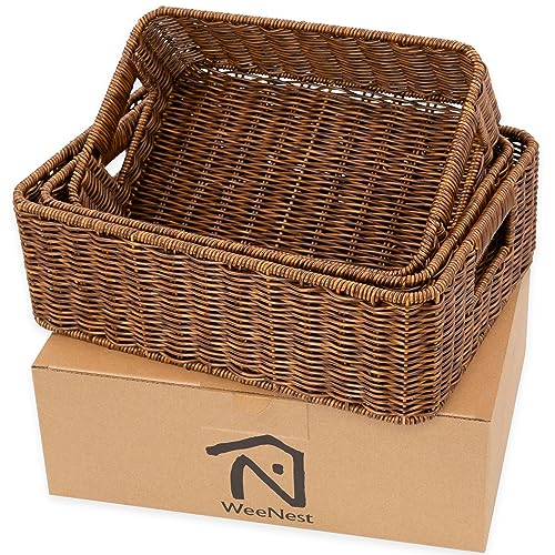 Baskets for Organizing, Undershelf Wicker Storage, Hand Woven Organizer for Closet Organization, Rectangular, Set of 3, Toffee - color: Toffee