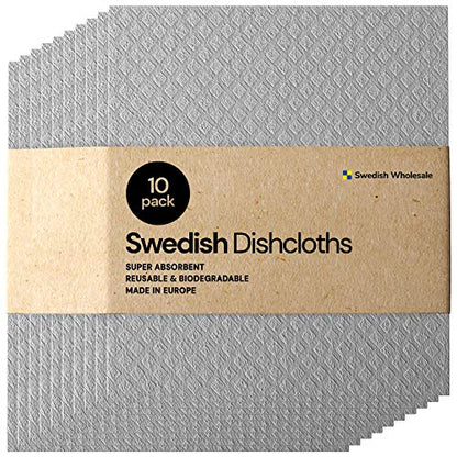 Swedish Wholesale Dishcloths Reusable 8" x 7" Sponge Cloths, Bulk 10 Pack of High Absorbent Cellulose Dish & Kitchen Cleaning Hand Towels, Wring to Dry & Machine Wash, Odor Resistant, Grey - color: Gray