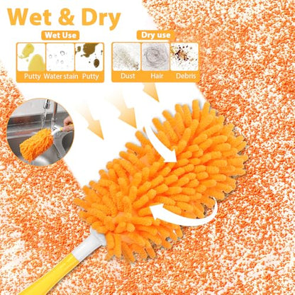 11-Pack Reusable Duster Kit – Heavy Duty Chenille Refills with Handle, 360° Microfiber Dusting for Home & Office (Orange)