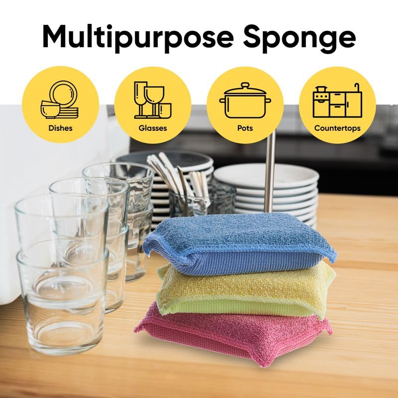 Miracle Microfiber scrubbing Sponges Non-Scratch Sponge Scrubber Heavy Duty Multi-Purpose Cleaning of Dishes, Kitchen, Baths, and Countertops, Machine Washable, 3 Pack, by Superio