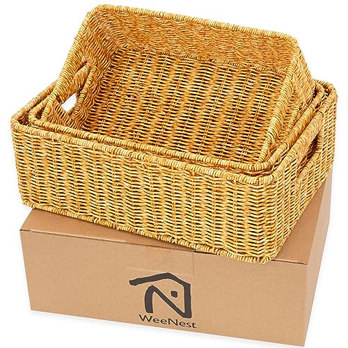 Baskets for Organizing, Undershelf Wicker Storage, Hand Woven Organizer for Closet Organization, Rectangular, Set of 3, Amber - color: Amber