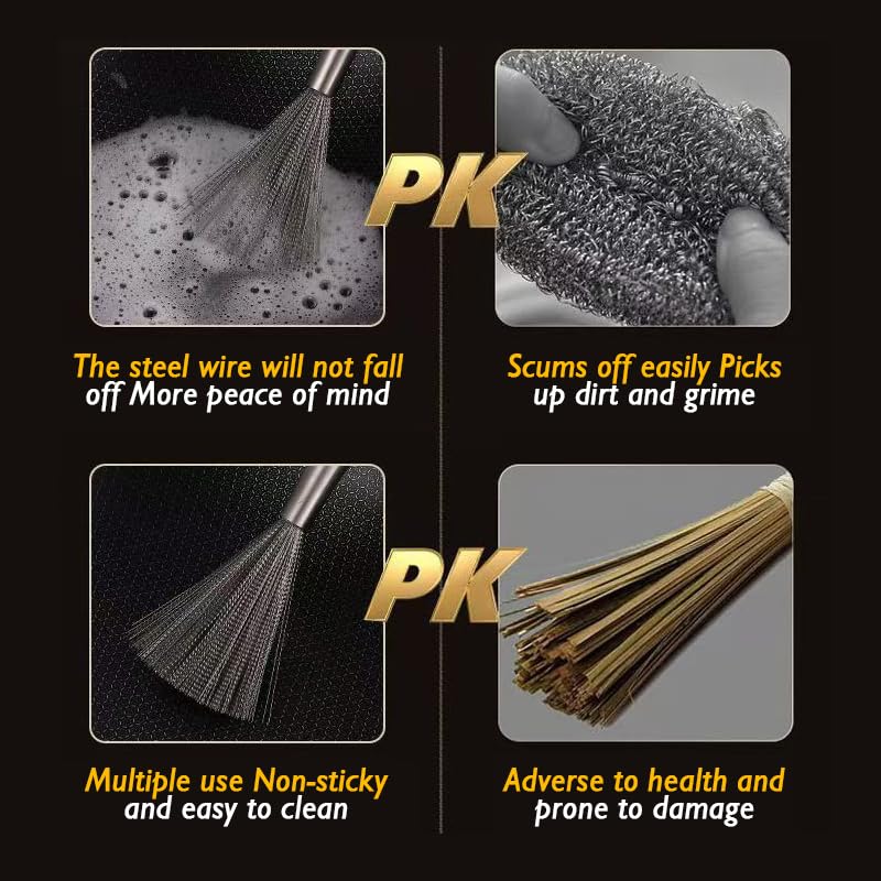 Stainless Steel Dish Brush with Handle, Metal Steel Wool Scrubber for Cast lron, Cookware, Pot(2 PCS) - color: Pcs2