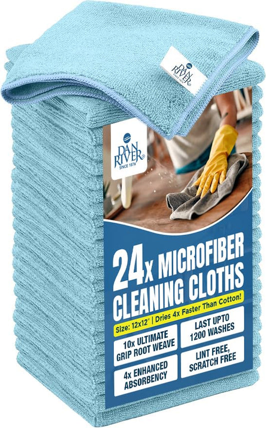 DAN RIVER 24-Pack Blue Microfiber Towels – Ultra Absorbent, Lint-Free & Streak-Free wash Cloths Kitchen for Home & Car - Must-Have Cleaning Essentials - 12" x 12" - color: Blue, size: Microfiber 24 Pack