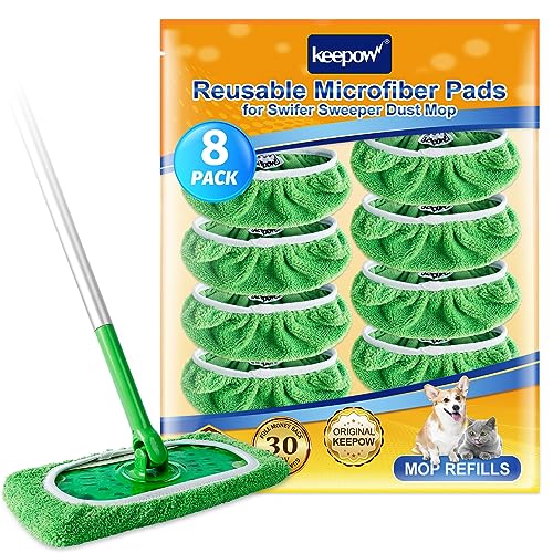 KEEPOW Reusable Mop Pads Compatible with Swiffer Sweeper Mop, Dry Sweeping Cloths for Swiffer Pads, 8 Pack Washable Microfiber Wet Mopping Cloth Refills for Surface/Hardwood Floor Cleaning - color: 8 Pack Green