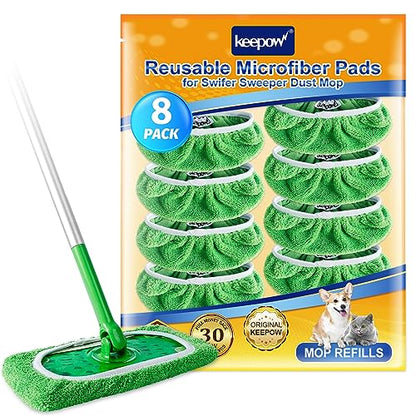 KEEPOW Reusable Mop Pads Compatible with Swiffer Sweeper Mop, Dry Sweeping Cloths for Swiffer Pads, 8 Pack Washable Microfiber Wet Mopping Cloth Refills for Surface/Hardwood Floor Cleaning - color: 8 Pack Green