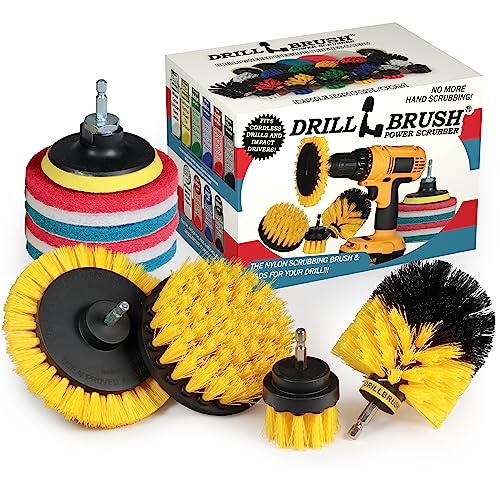 Drillbrush Rotary Brush Kit - Scrub Pads - Shower Scrubbing Brushes for Cordless Drill - Tile Cleaner Drill Attachment Commercial Scouring Pad Cleaning Kit - All Purpose Bathroom Scrubbers - color: Yellow