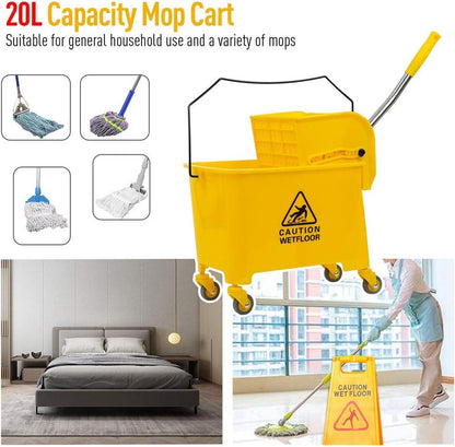 Industrial Mop Bucket with Wringer, Basics Side Press 5.28 Gallon Commercial Mop Bucket with Wheels Yellow Color Combo Bucket for Home Cleaning (Yellow)