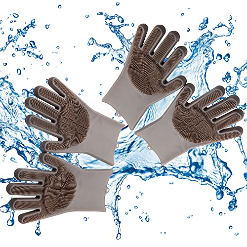 TwoMagic Silicone Pet Brush/Gloves. Silicone reusable cleaning brush, gloves with thick bristles scrubber for hair removal pets, dogs, cats, Glove Latex Free, ECO-FRIENDLY. Color GRAY.
