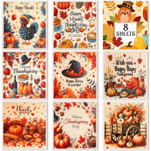 Lucomb 8 Pack Thanksgiving Swedish Dishcloths for Kitchen, Reusable Soft Kitchen Towels Dish Cloths Set Absorbent Sponge Cleaning Washable Quick Drying Bar Hand Washing - color: Thanksgiving Days