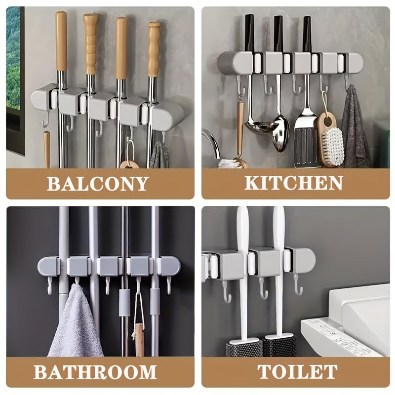 Multi-Functional Mop Broom Holder - No-Drill Wall-Mounted Rack with Strong Adhesive & Elastic Silicone Clips& Hooks for Bathroom/Kitchen