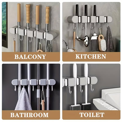 Multi-Functional Mop Broom Holder - No-Drill Wall-Mounted Rack with Strong Adhesive & Elastic Silicone Clips& Hooks for Bathroom/Kitchen