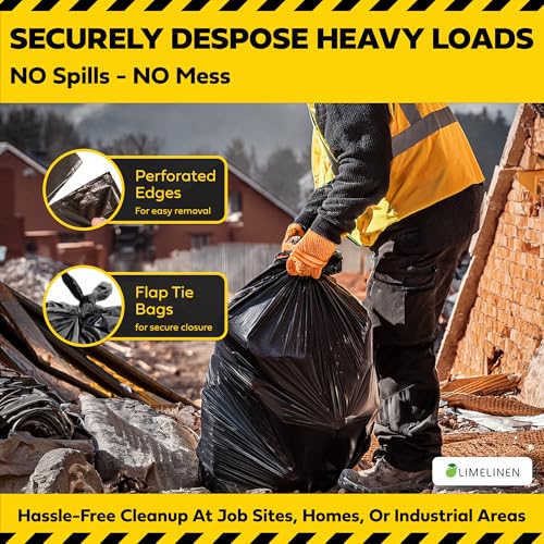 Lime Linen 60 Gallon Heavy Duty Contractor Xl Black Garbage Bags | Industrial, Construction & Yard Waste | Tear Resistant | 40 Pack, Extra Thick 2.5 Mil, Tie Bags, Interleaved On Roll Secure Closure - color: 60 Gallon, size: 1 Count (Pack of 40)