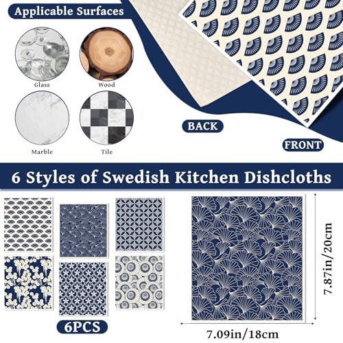 Swedish Dishcloths for Kitchen, 6 Pcs Reusable Blue Japanese Pattern Dish Cloths, Absorbent Cellulose Sponge Cleaning Towels Wipes for Cooking Home Decor Housewarming Gifts - style: Blue Japanese