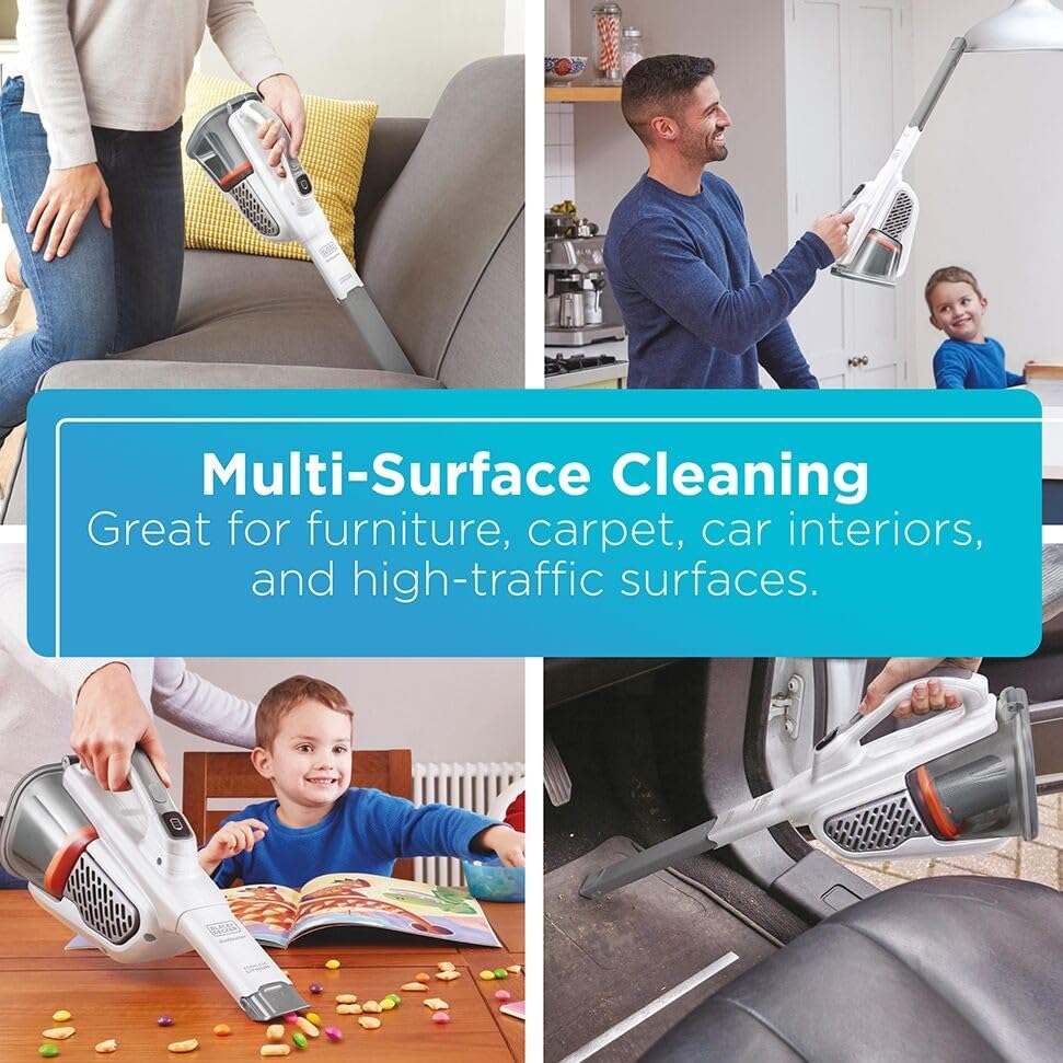 BLACK+DECKER Dust Buster Hand Held Vacuum Cordless Rechargeable, Portable Vacuum for Car, Extended Runtime, Powerful Suction, Extra Long Crevice Tool, AdvancedClean+ (HHVK320J10)