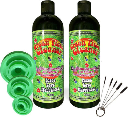 Green Piece® Glass Cleaner (Made in USA) - 2 of the 16 oz bottles with a Set of 3 Silicone Plugs and a 5 Piece Mini Metal Nylon Brush - style: 16 Fl Oz (Pack of 2) + 3 Purple Plugs & 5 Nylon Brush