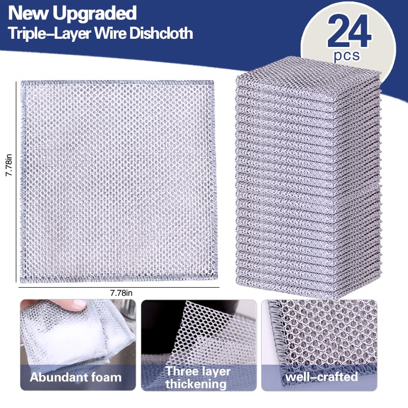 12pcs Scratch-Free Steel Dishcloths. Reusable, Quick-Dry, Odorless. Perfect for Dishes, Sinks, cookware. 7.87"x7.87". (12, Light Gray, Large) (24pcs[Double Layer Silver], 7.87×7.87inch) - color: 24pcs[double Layer Silver]