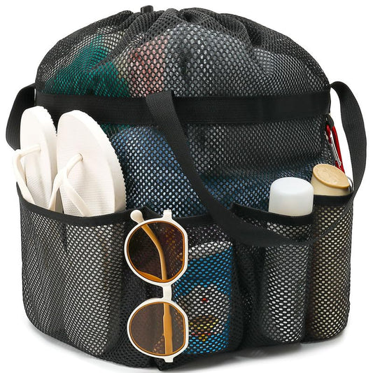 Fammart Mesh Shower Caddy Portable with Drawstring, Dorm Room Essentials for College Girls Guys, 8-Pocket Extra Large Shower Bag Basket Tote for Camping Beach Gym Travel Toiletry Bathroom - color: Extra Large, Drawstring Closure - Black