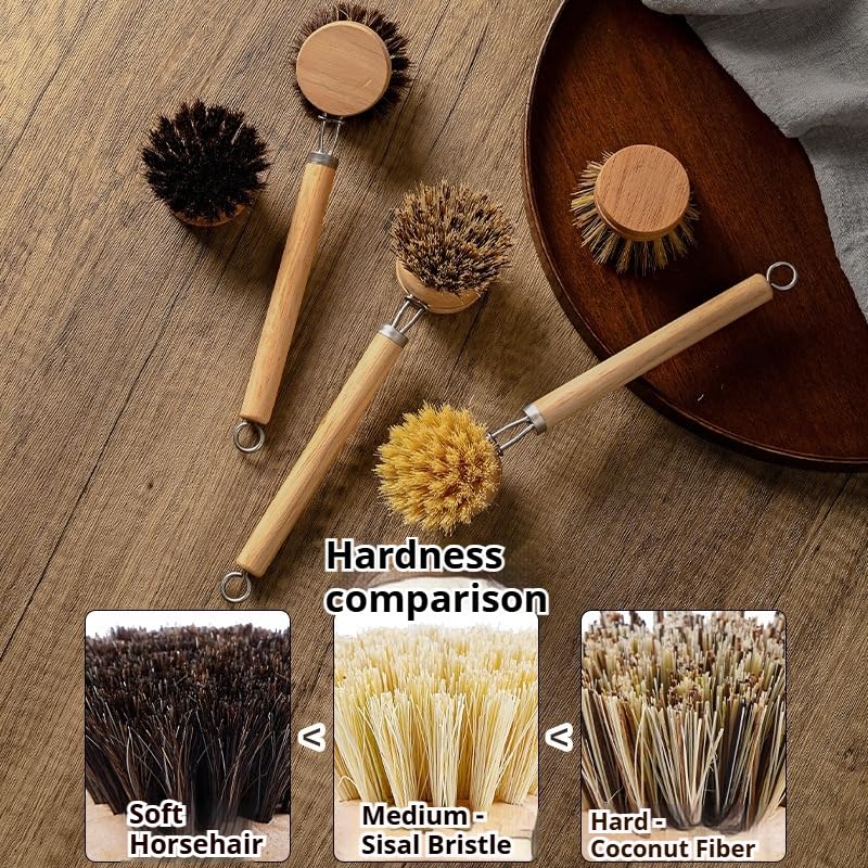 Bamboo Dish Brush - Kitchen Scrub Brushes with 3 Replacement Heads | Natural Bristle | Sisal | Horse Hair - Pot Brush with Wooden Handle for Cleaning Grills, Pans, Stoves