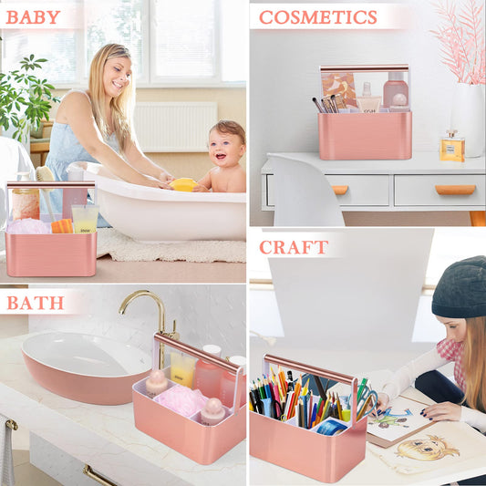 BYUNER Compact Shower Caddy Dorm - Portable Bathroom Caddy Organizer with Handle and Adjustable Divider for College Dorm & Shared Bathroom, Hard Plastic Shower Basket Tote for Toiletry Drainage, Pink - color: Rose Gold
