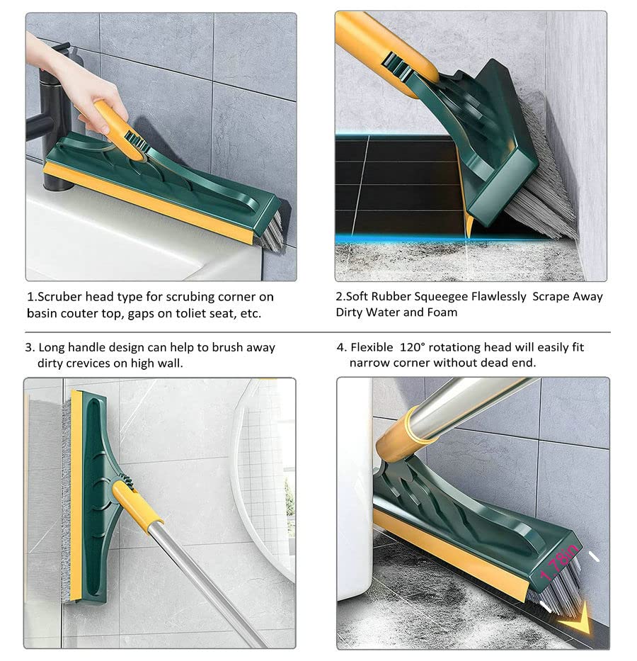 2 in 1 Cleaning Floor Scrub Brush Floor Brush Scrubber New Upgraded 53.5" Long Handle Grout Brush Scrape V-Shape Stiff Bristle Cleaning Brush with Squeegee 120°Rotating Tile Brush for Bathroom - color: Green