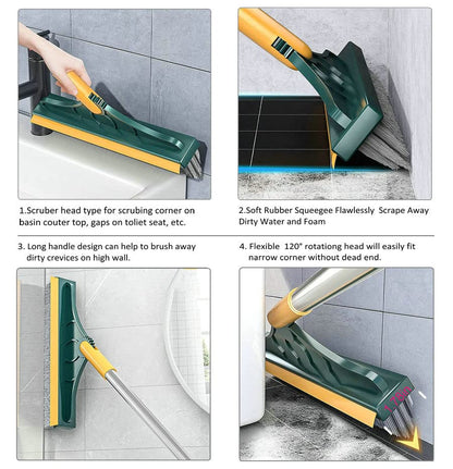 2 in 1 Cleaning Floor Scrub Brush Floor Brush Scrubber New Upgraded 53.5" Long Handle Grout Brush Scrape V-Shape Stiff Bristle Cleaning Brush with Squeegee 120°Rotating Tile Brush for Bathroom - color: Green