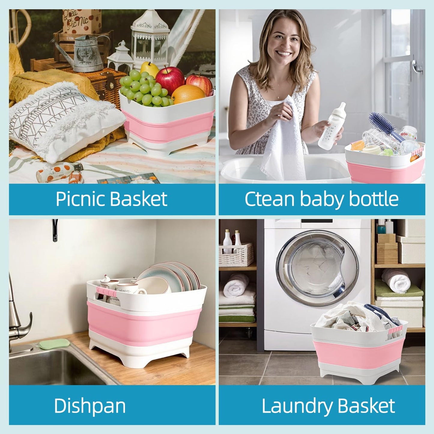 Collapsible Wash Basin for Baby Bottles - 2.4 Gallons Portable Wash Bin for RV Camping Sink, Space-Saving Dish Tub.Laundry & Utility Room Sinks (Pink) - color: Pink