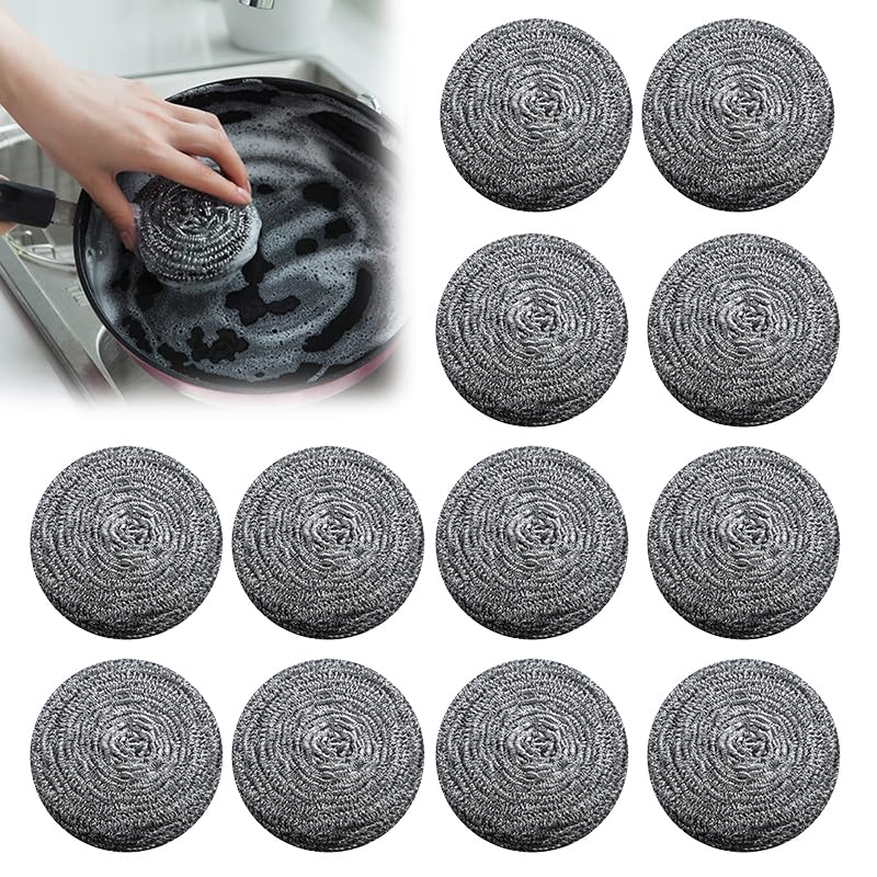 12Pcs Upgraded Steel Wool Scrubbers, Premium Stainless Steel Scrubber, Metal Scouring Pads, Steel Wool Pads, Kitchen Cleaner, Heavy Duty Cleaning Supplies
