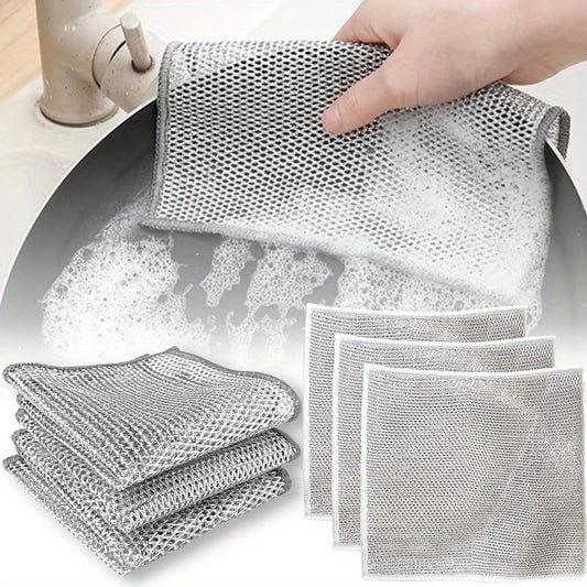 3-Pack Stainless Steel Mesh Cleaning Cloth Set, Silver Durable Non-Detachable Design,Pans and Kitchen Surfaces, Silver - color: Silver