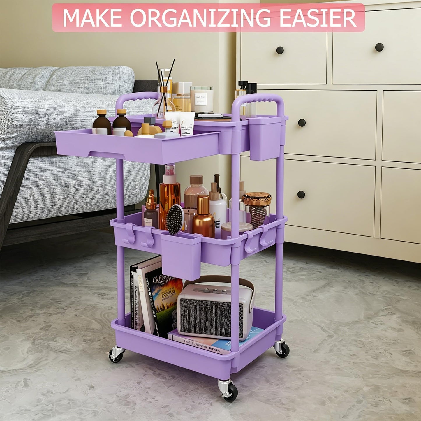 REBECAT 3 Tier Rolling Cart with Drawer, Utility Storage Cart on Wheels for Kitchen, Bathroom, Living Room,Office(Purple) - color: Purple